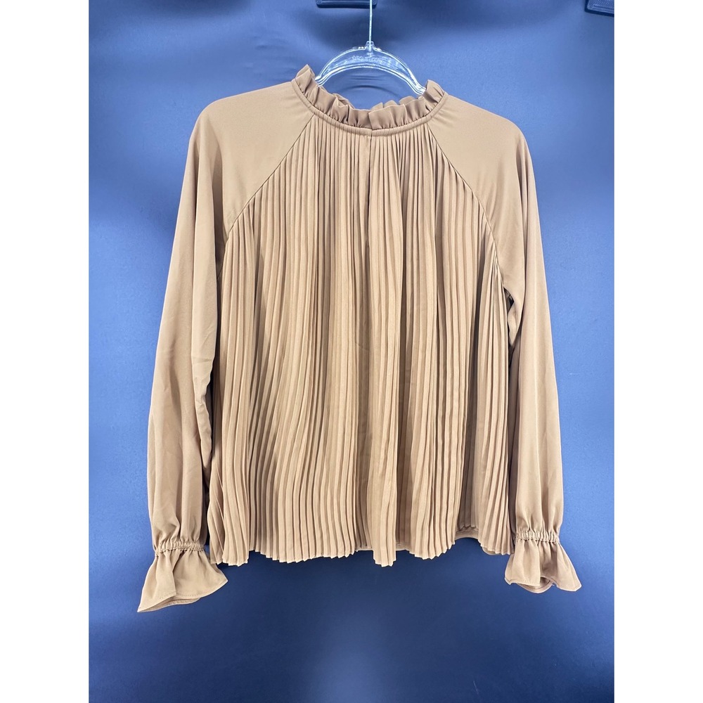 Ann Taylor Camel Tan Pleated Ruffle Mock Neck Blouse Medium